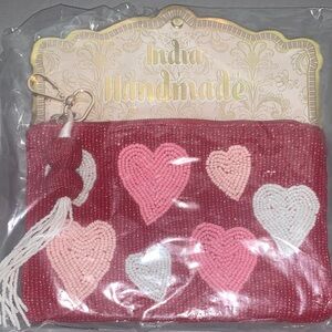Handmade Heart Beaded Hand or Cosmetic Bag - Red and Pink with tassel